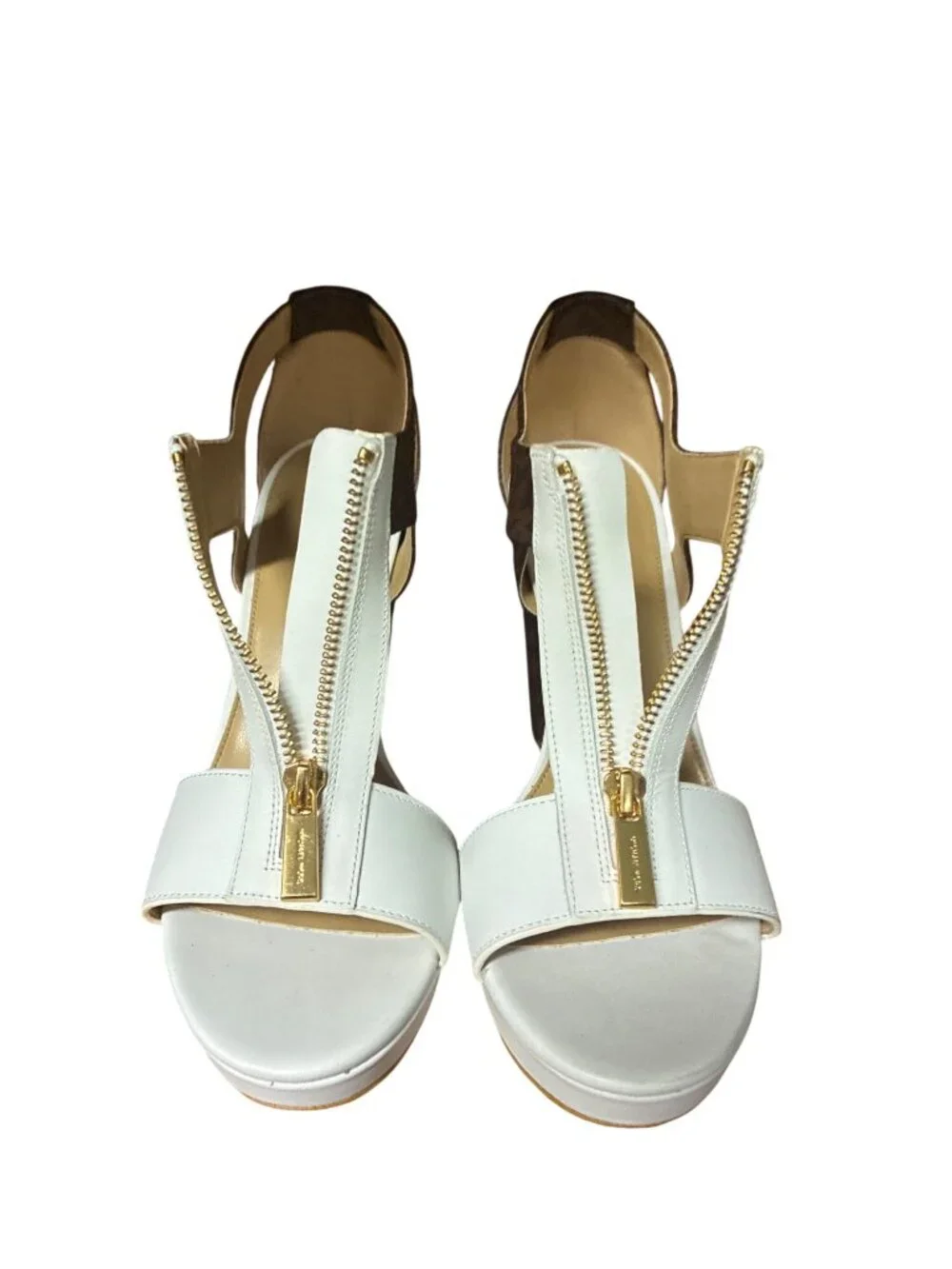 Michael Kors Berkley Sandal OP White Brown Leather Slingback Sandal‎ Heels 9M